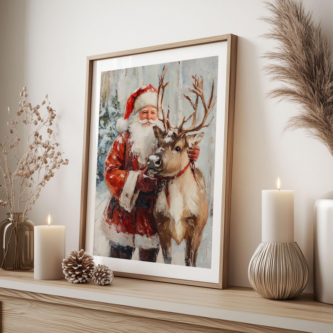 Santa Claus Hugging a Reindeer in the Snow Christmas Painting Poster - Image 3