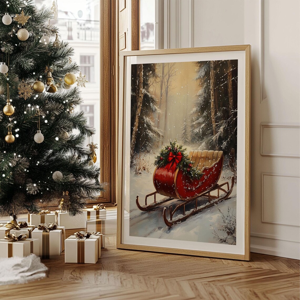 Red Christmas Sleigh in Snowy Forest Vintage Winter Scene Poster - Image 2