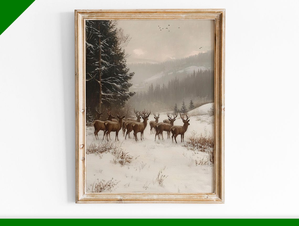 Herd of Deer in Snowy Mountain Forest Vintage Wildlife Poster