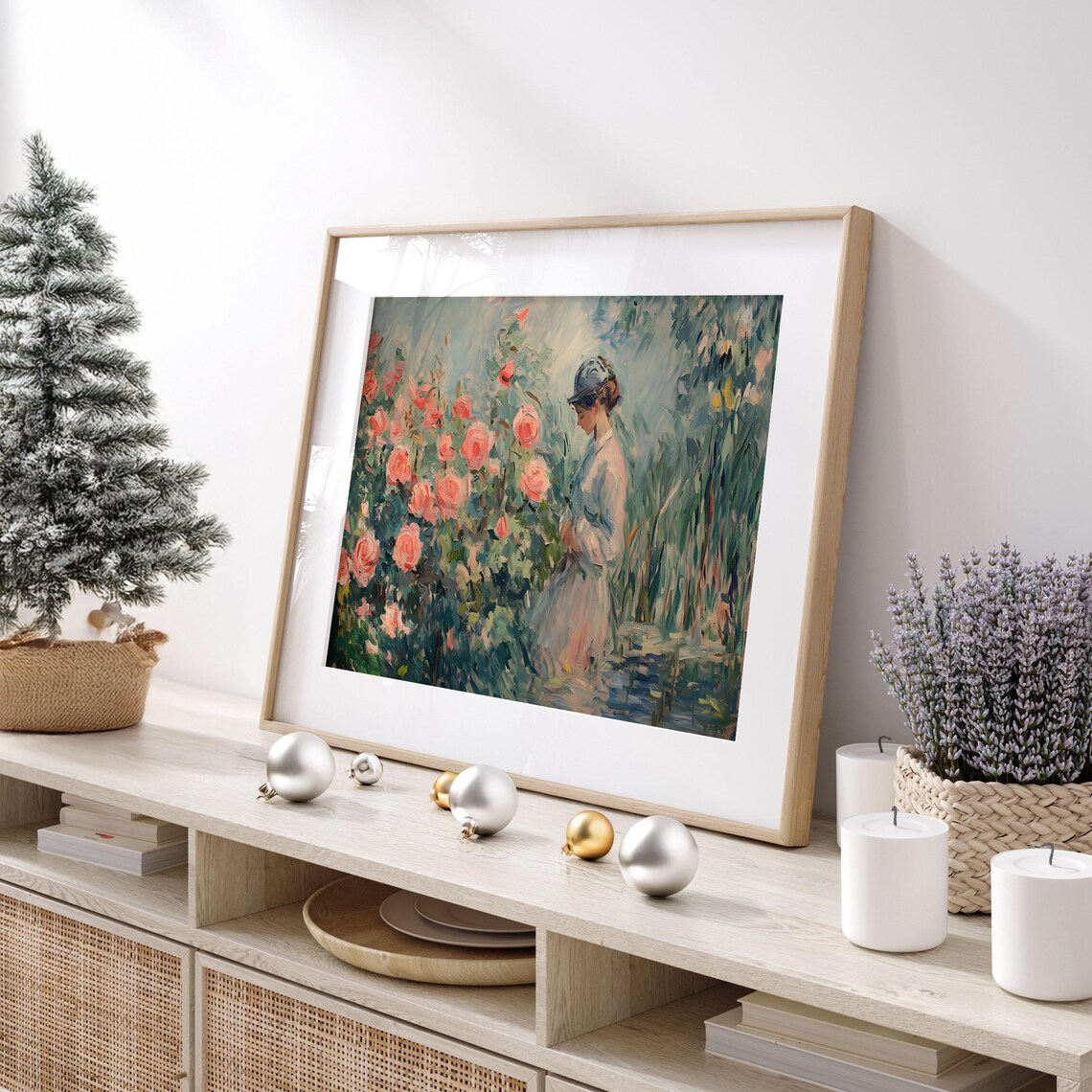 Woman in Rose Garden Impressionist Painting Pink Roses Poster - Image 2