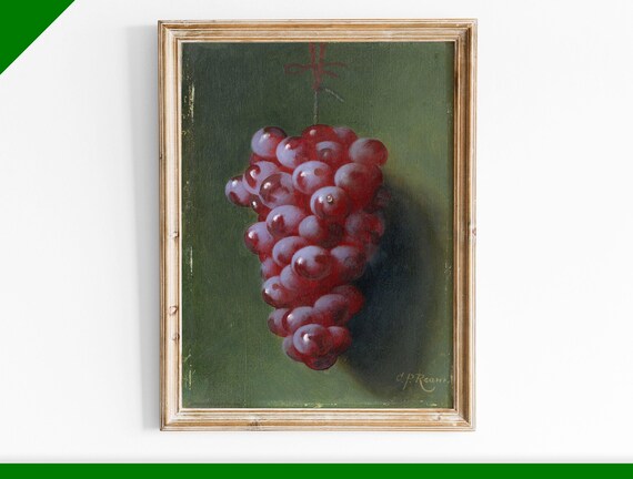 Hanging Red Grapes Classic Still Life Dark Green Vintage Poster