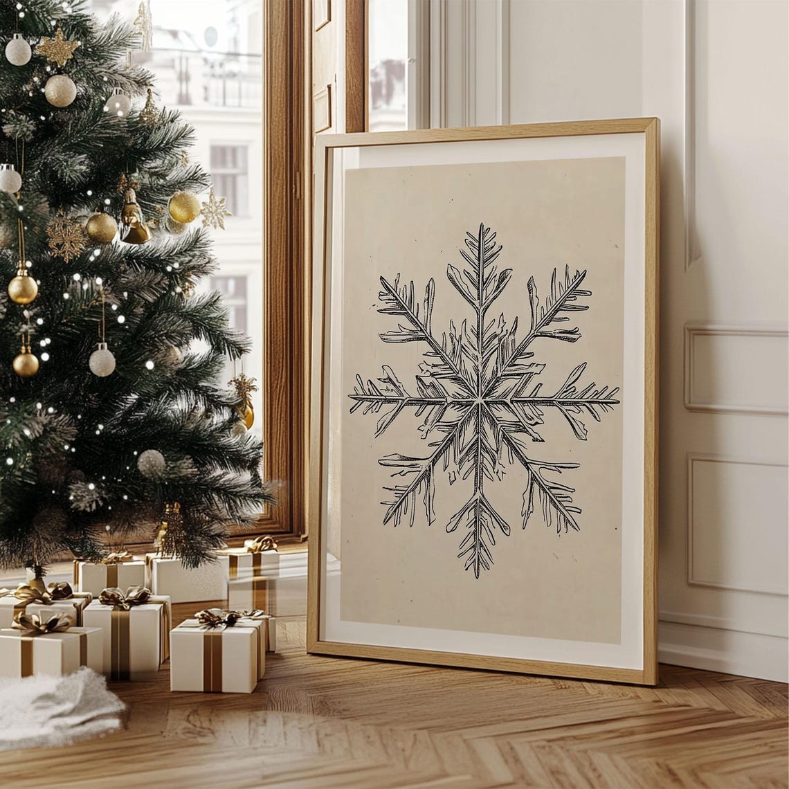 Delicate Pencil Snowflake Sketch Vintage Botanical Winter Wall Art - Image 5