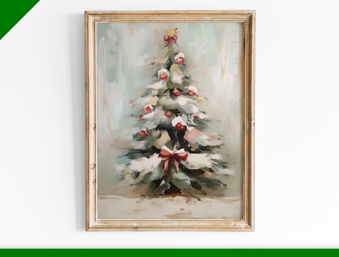 Snowy Christmas Tree with Red Ornaments Loose Oil Painting Poster