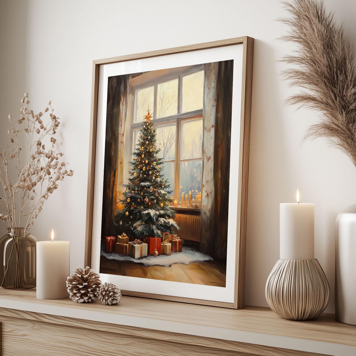Christmas Tree by Window With Gifts and Candles Oil Painting Poster - Image 2