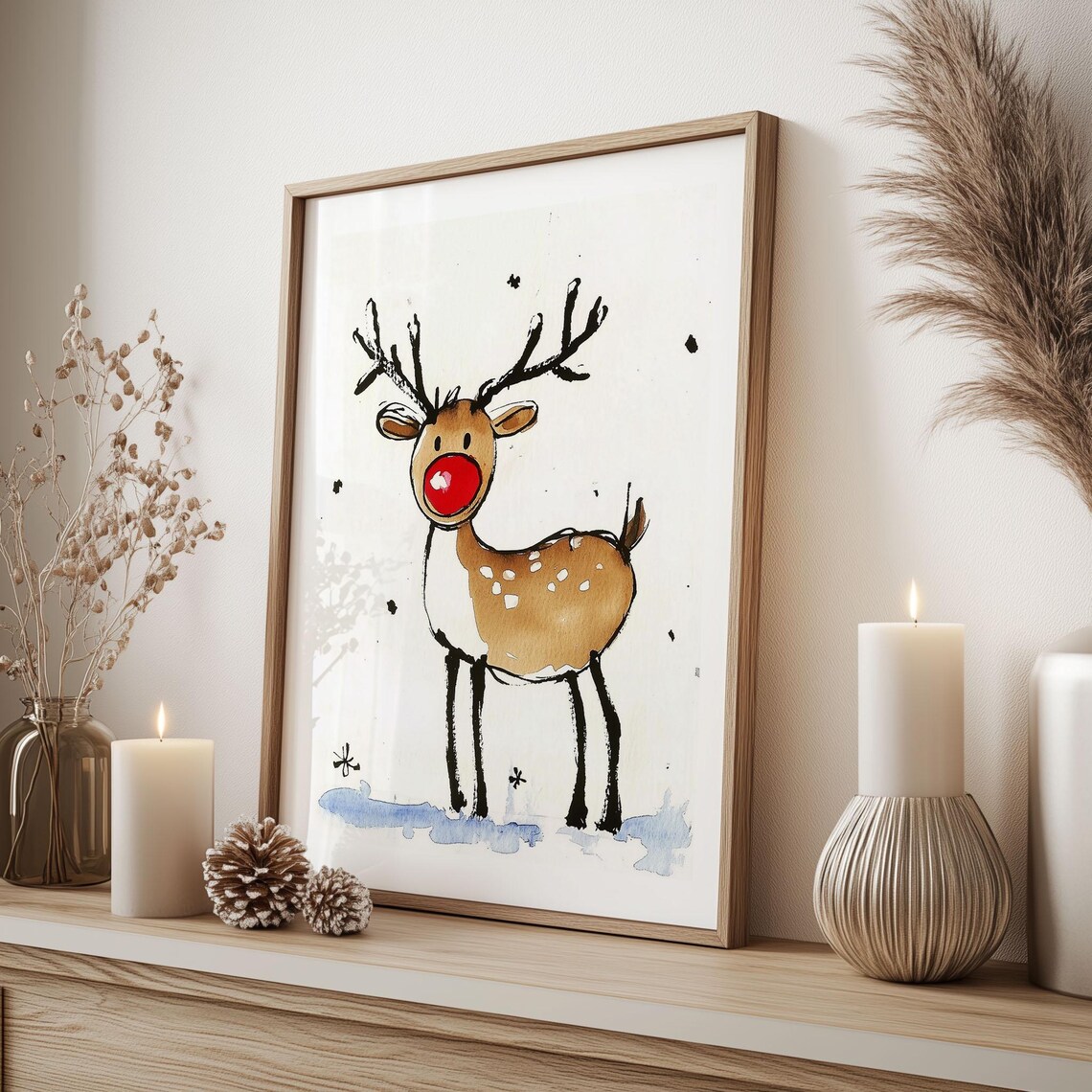 Cute Red Nose Reindeer Ink Watercolor Whimsical Christmas Poster - Image 4