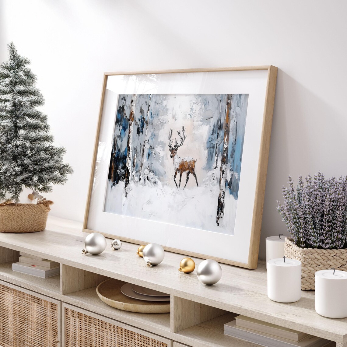 Reindeer Stag in Blue Snowy Forest Loose Winter Oil Painting Poster - Image 5