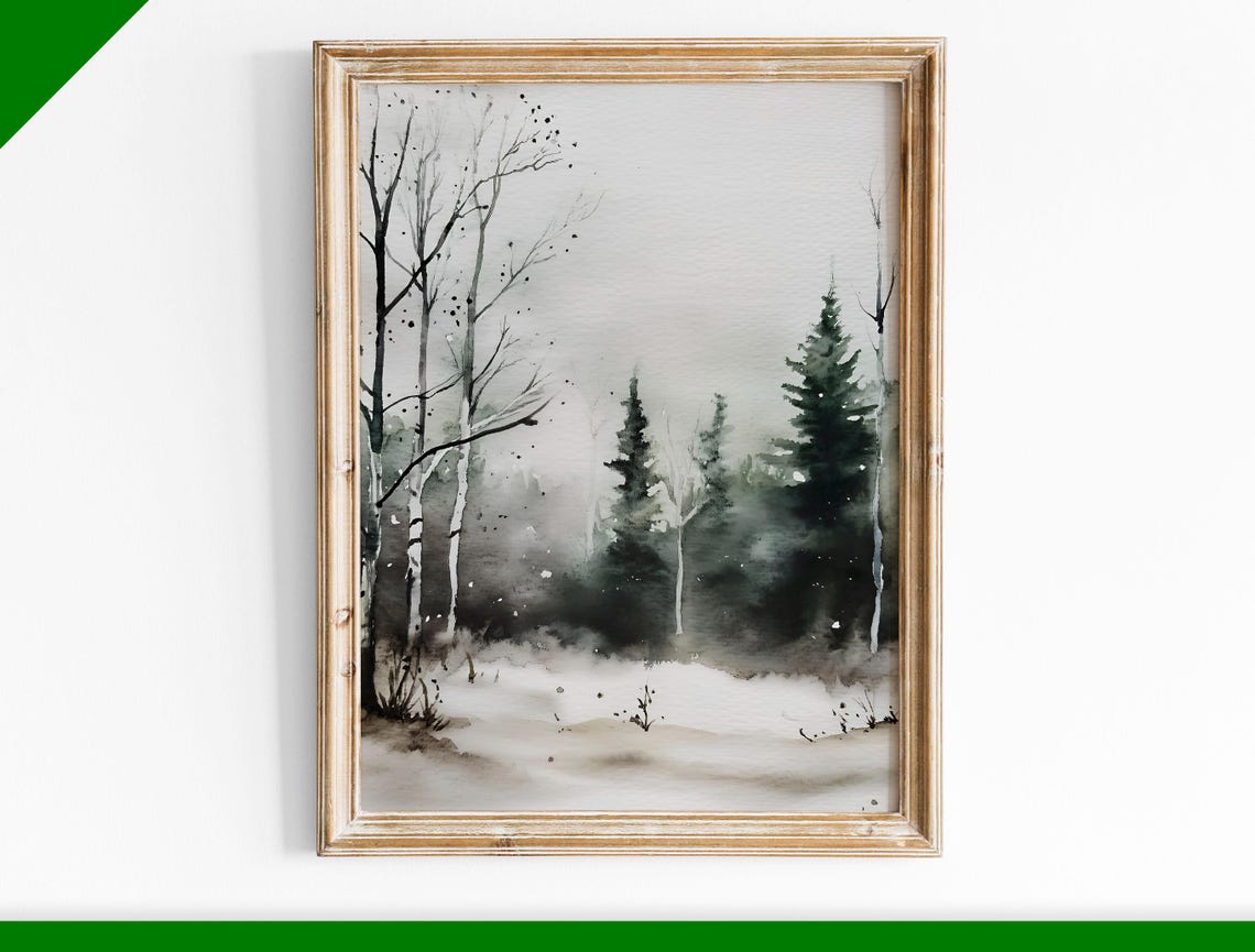 Birch and Pine Trees Misty Snowy Winter Watercolor Forest Poster
