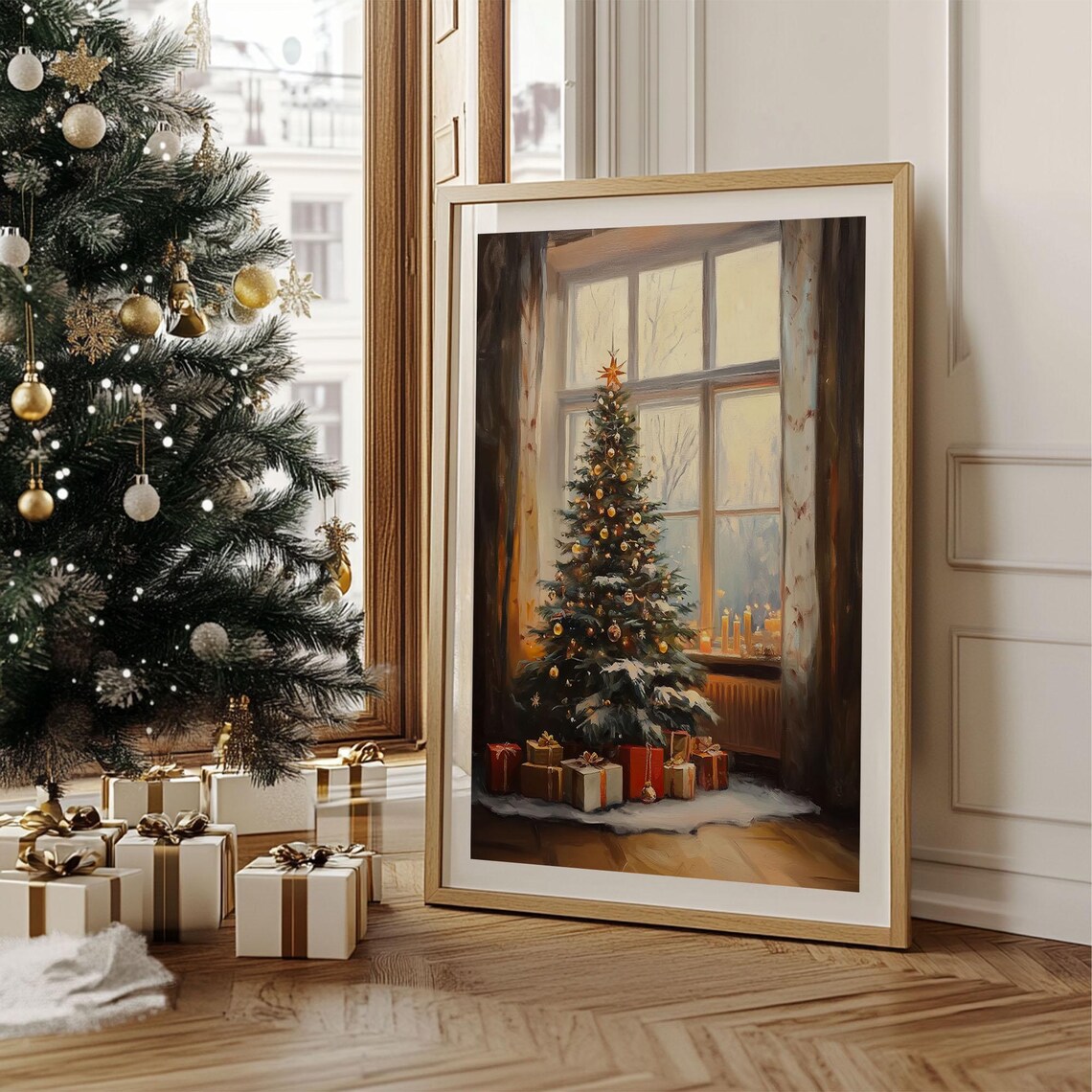Christmas Tree by Window With Gifts and Candles Oil Painting Poster - Image 5