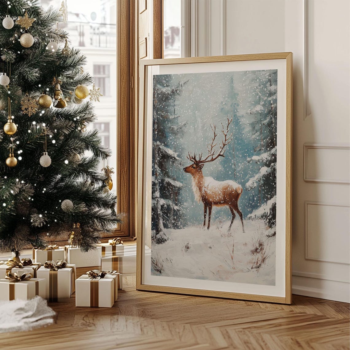 Majestic Stag in Snowy Forest Impressionist Winter Wildlife Poster - Image 5