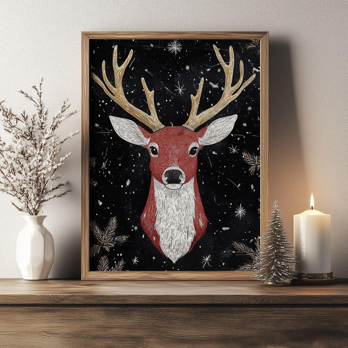 Red Reindeer with White Antlers Chalk Style on Black Christmas Poster - Image 2