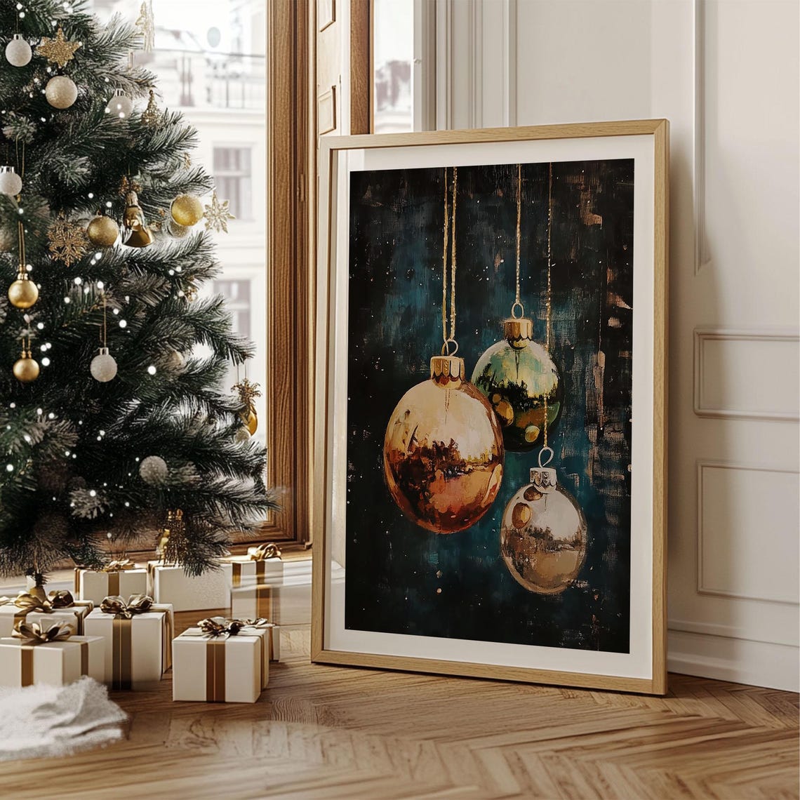 Metallic Gold Green and Silver Baubles on Dark Teal Christmas Poster - Image 2