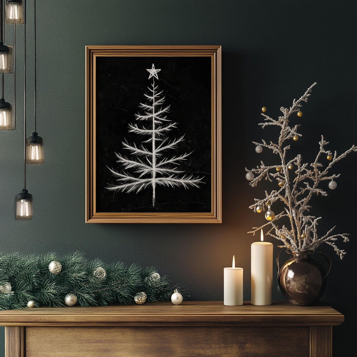 White Chalk Christmas Tree Drawing on Black Chalkboard Wall Art - Image 5