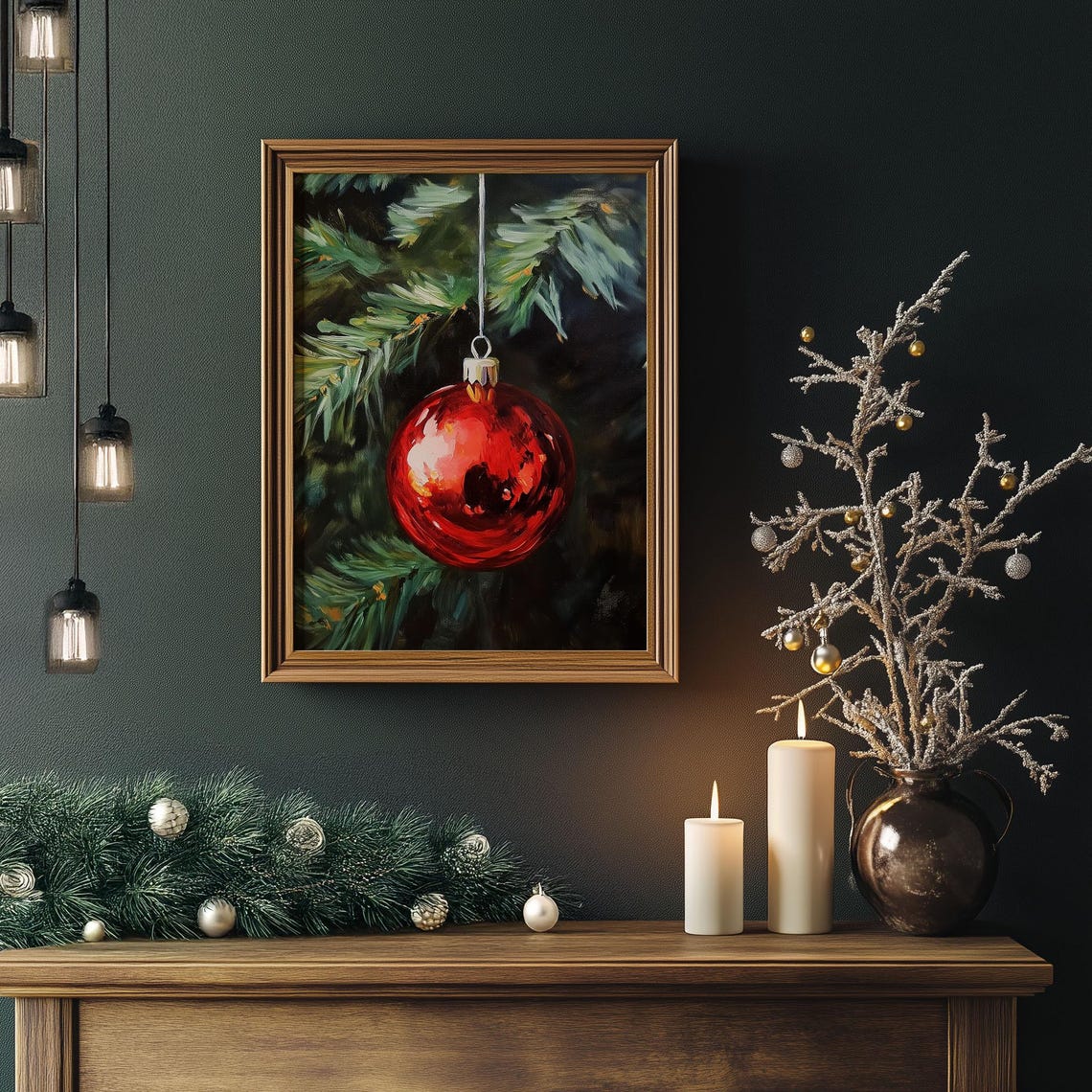 Single Red Bauble on Pine Branch Close Up Christmas Ornament Poster - Image 5
