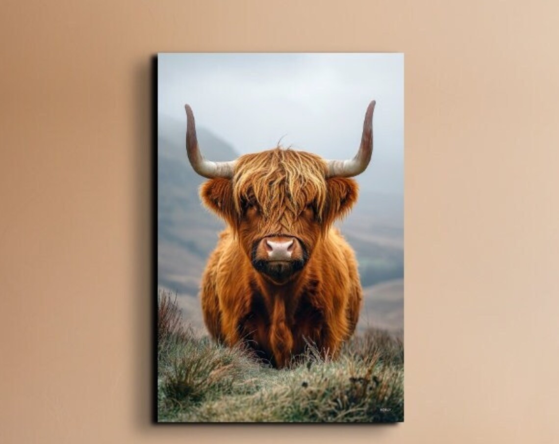Highland Cow Shaggy Brown Portrait Misty Scottish Farm Wall Art