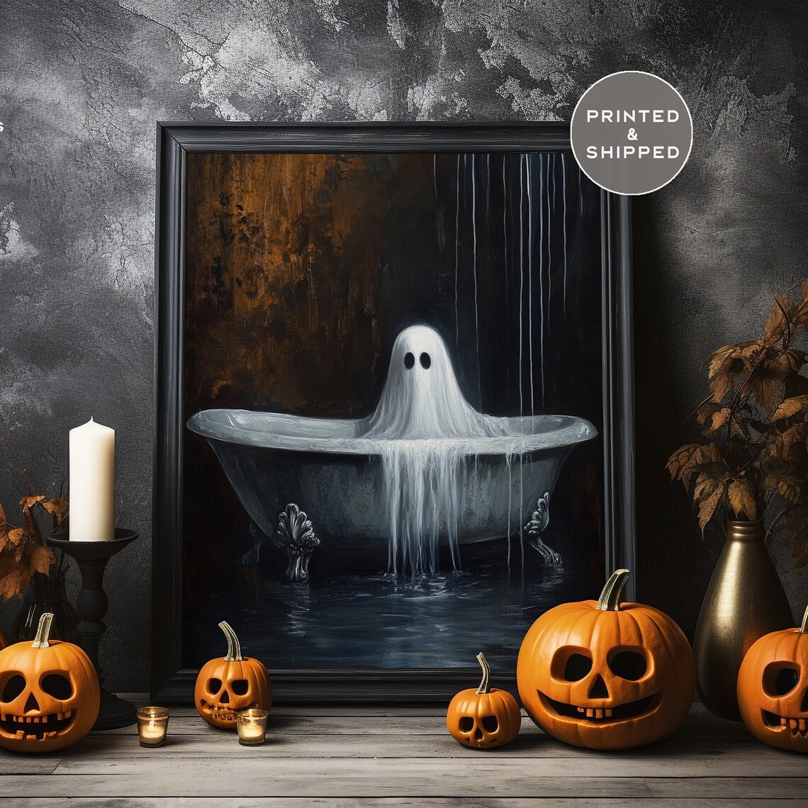 Cute Ghost in Vintage Bathtub Moody Halloween Spooky Painting Poster - Image 3