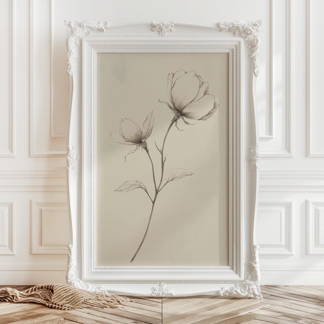 Rose Sketch Minimalist Gray Line Drawing Flower Botanical Art Poster