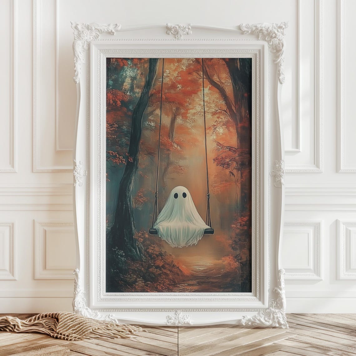 Cute Ghost on Swing in Autumn Orange Forest Halloween Whimsy Poster