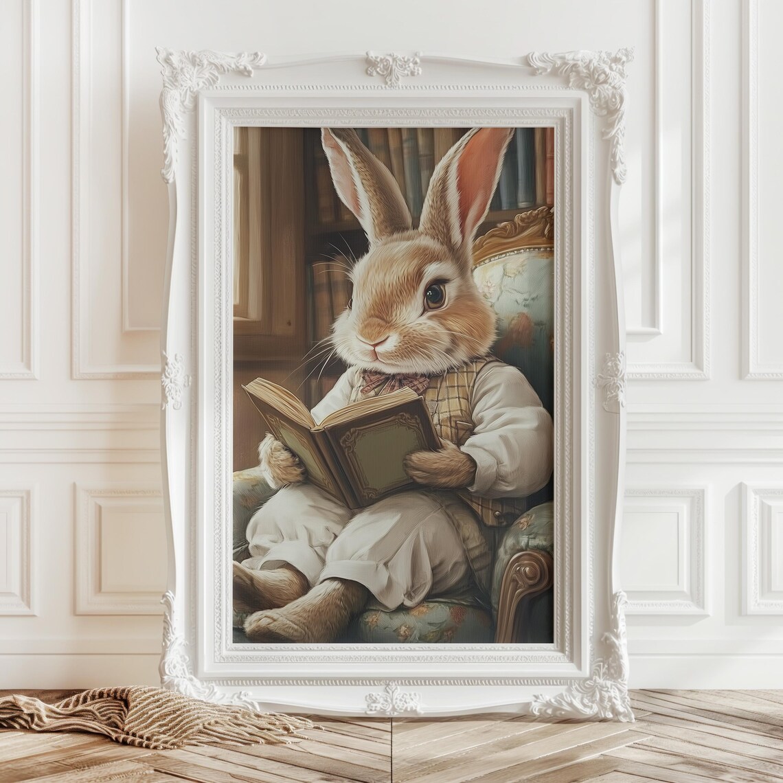Vintage Easter Bunny Reading Art Print, Antique Bunny