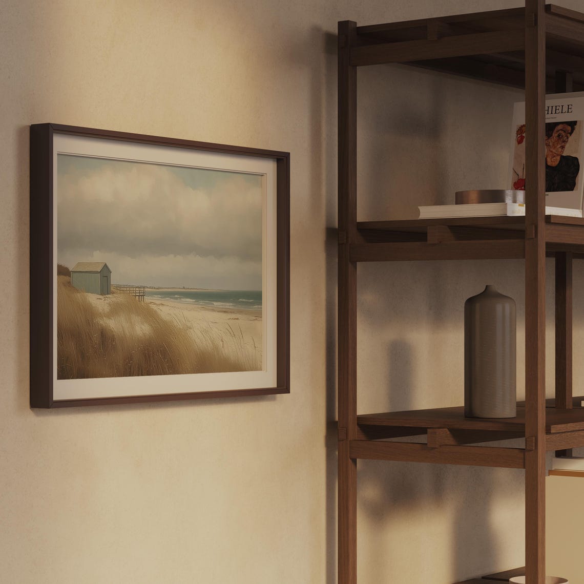 Beach Hut on Sand Dunes by the Sea Muted Coastal Painting Print - Image 2