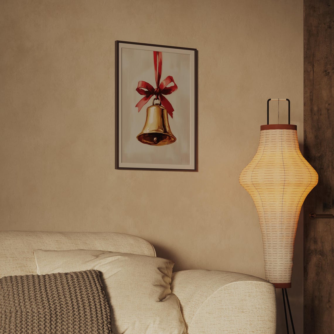 Golden Christmas Bell With Red Ribbon Bow Painterly Art Poster - Image 2