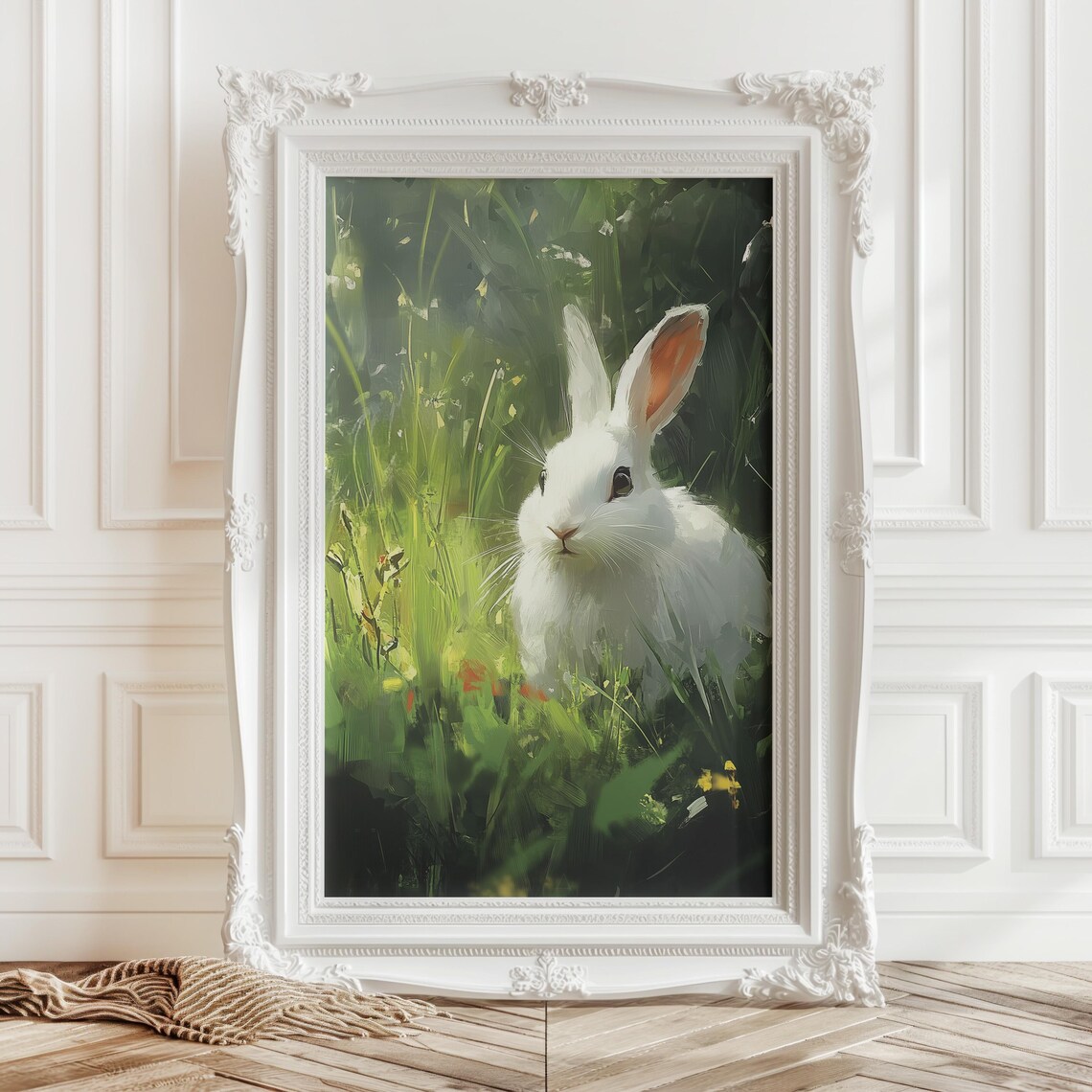Fluffy White Rabbit Peeking Out of Tall Green Summer Grass Art Print