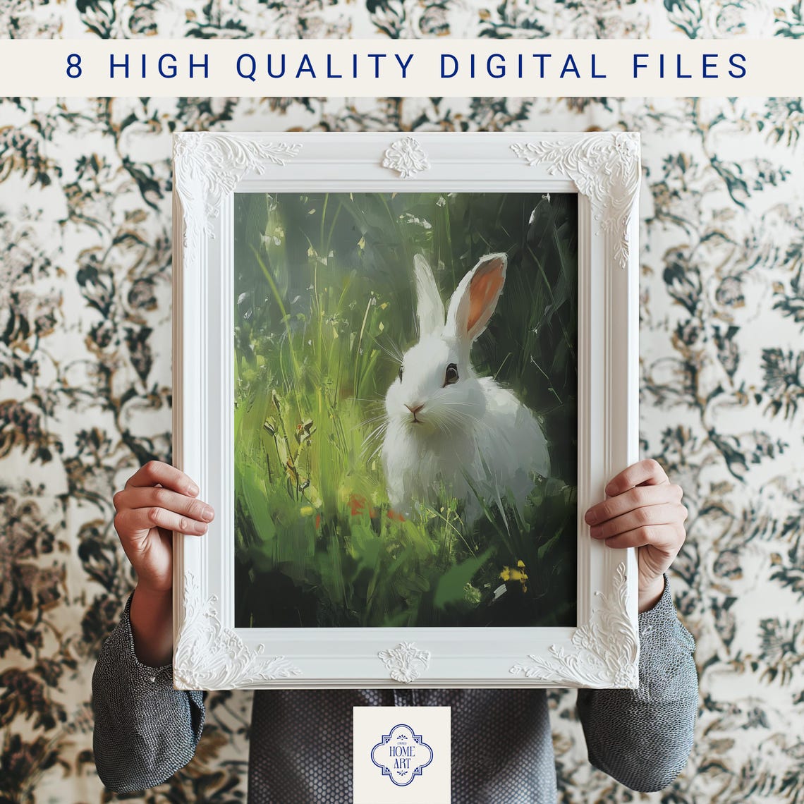 Fluffy White Rabbit Peeking Out of Tall Green Summer Grass Art Print - Image 3