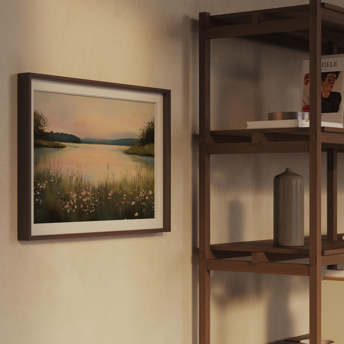 Lake at Dusk with Reeds and Wildflowers Tranquil Painting Print - Image 2