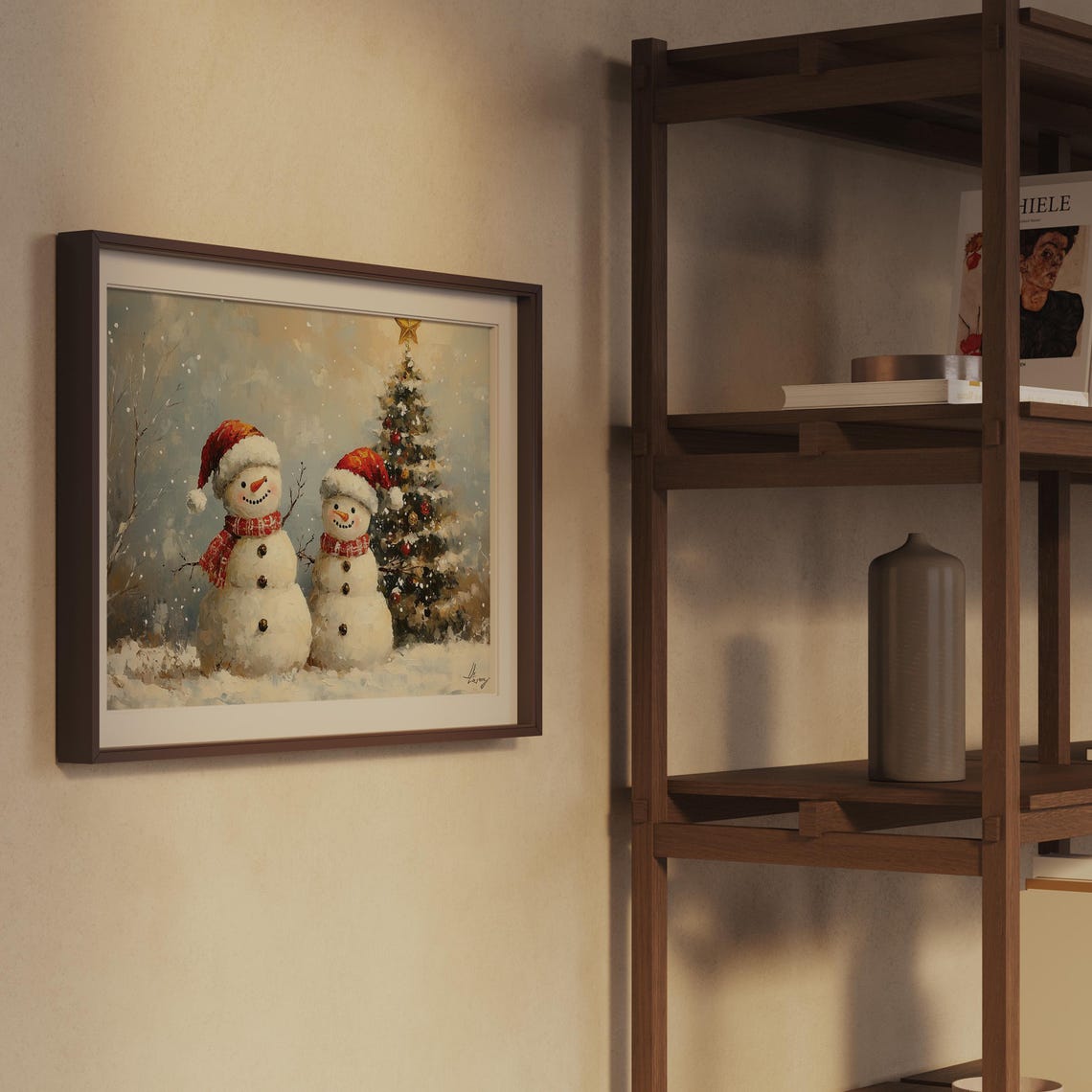 Two Smiling Snowmen in Santa Hats by Christmas Tree Snowy Poster - Image 2