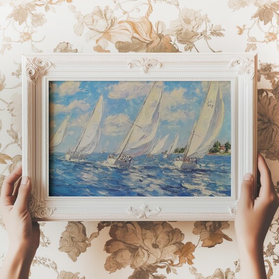 Sailboat Regatta Race Impressionist Blue Ocean Sailing Painting Poster
