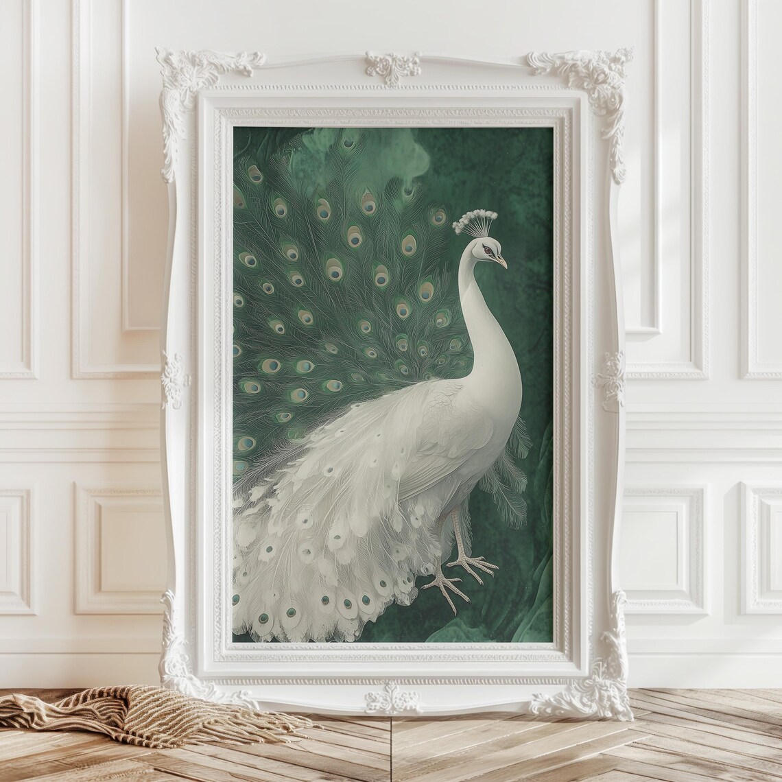 White Peacock With Emerald Fanned Tail Elegant Royal Bird Poster