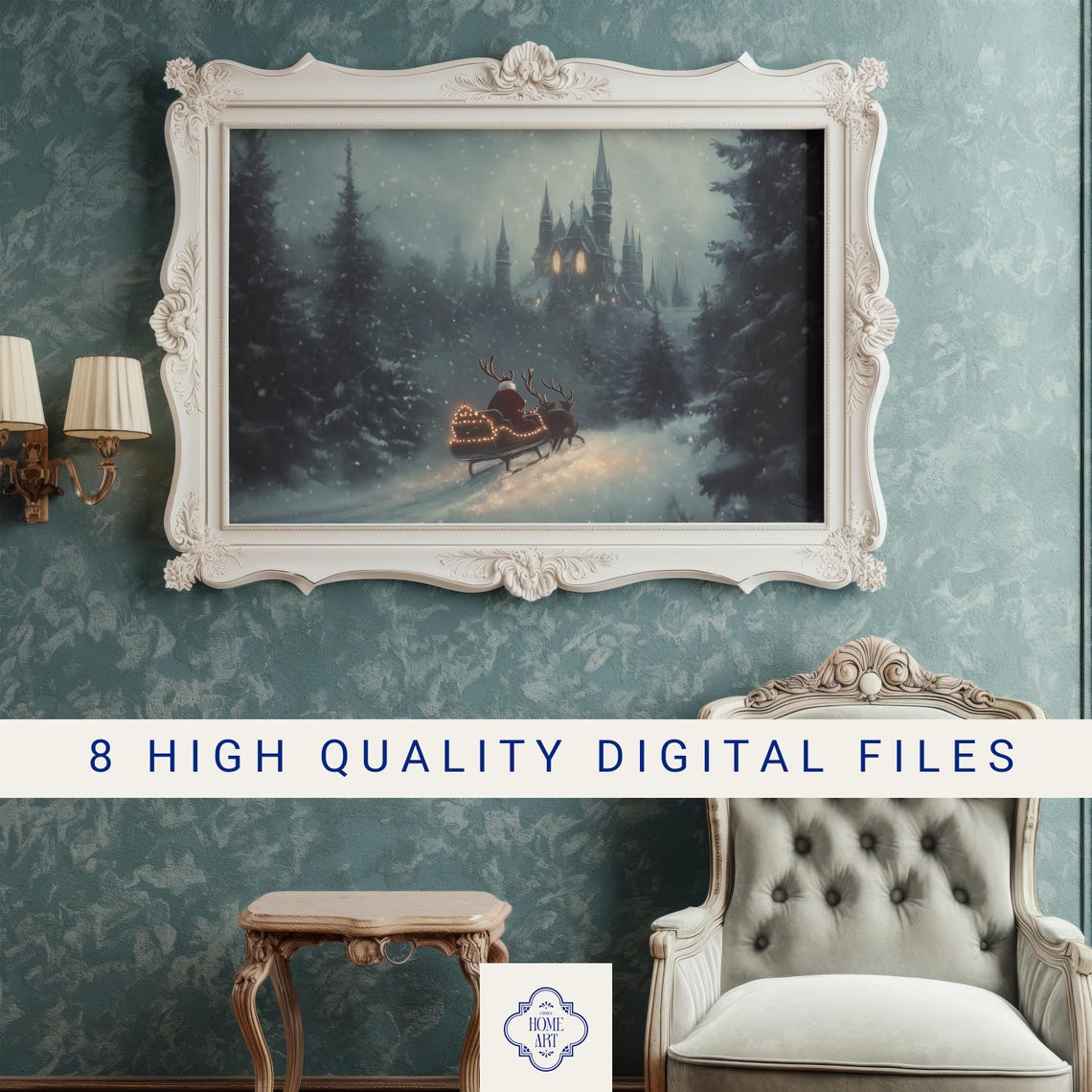 Santa Sleigh With Reindeer Heading to Dark Gothic Castle Snowy Poster - Image 3
