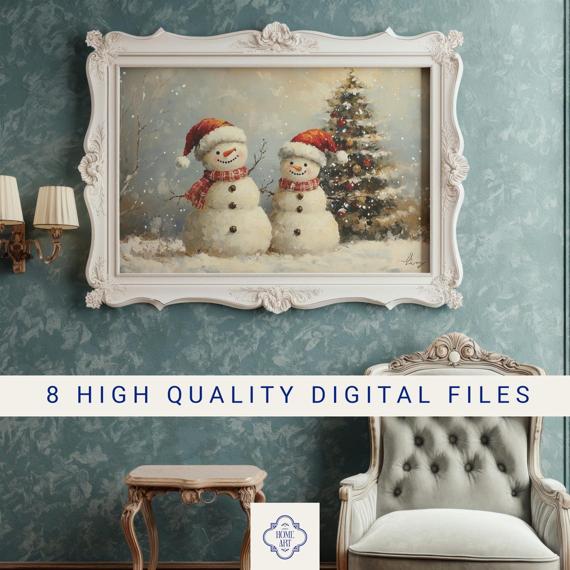 Two Smiling Snowmen in Santa Hats by Christmas Tree Snowy Poster - Image 3