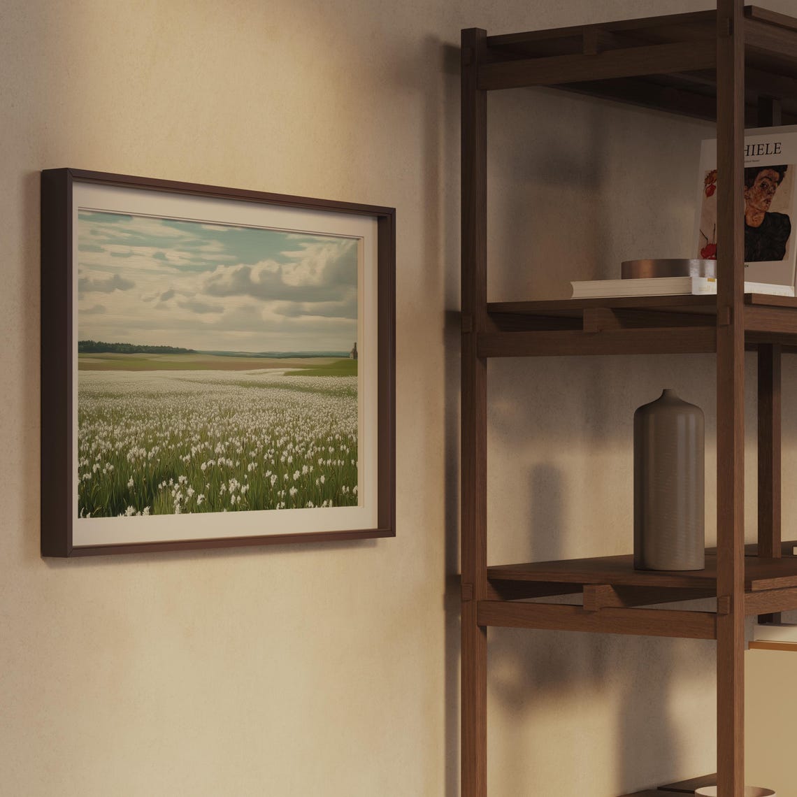 White Wildflower Field Cloudy Sky Spring Landscape Art Poster - Image 2