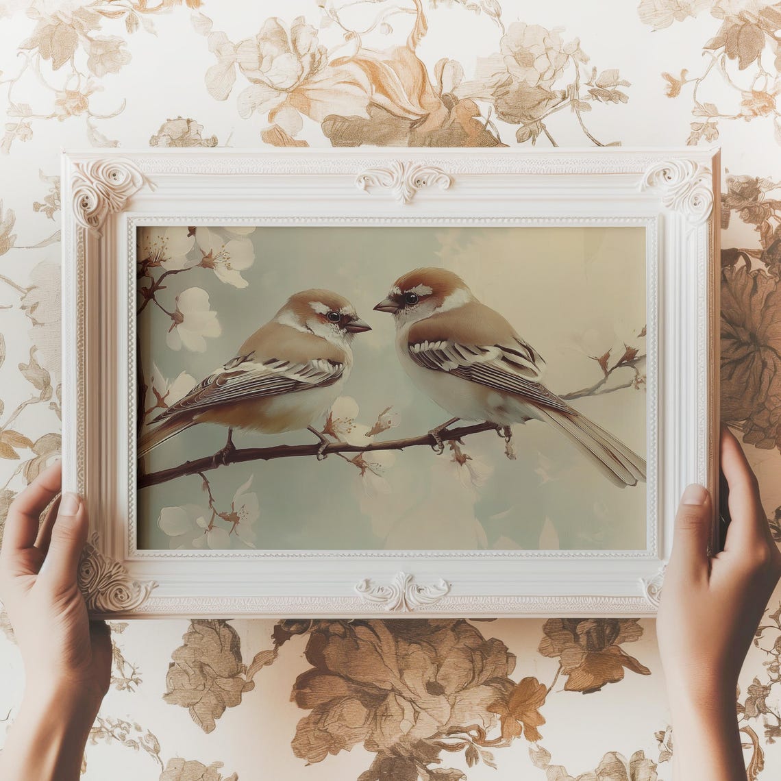 Two Birds Facing Each Other on a Blossoming Branch Art Print