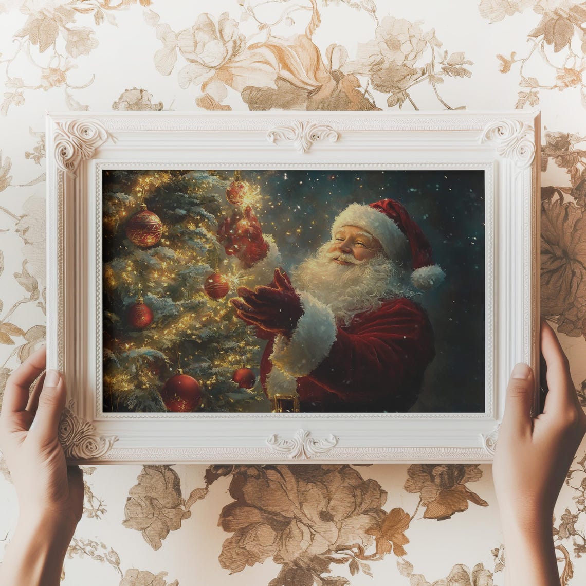 Santa Claus Hanging Glowing Ornament on Christmas Tree Magic Poster