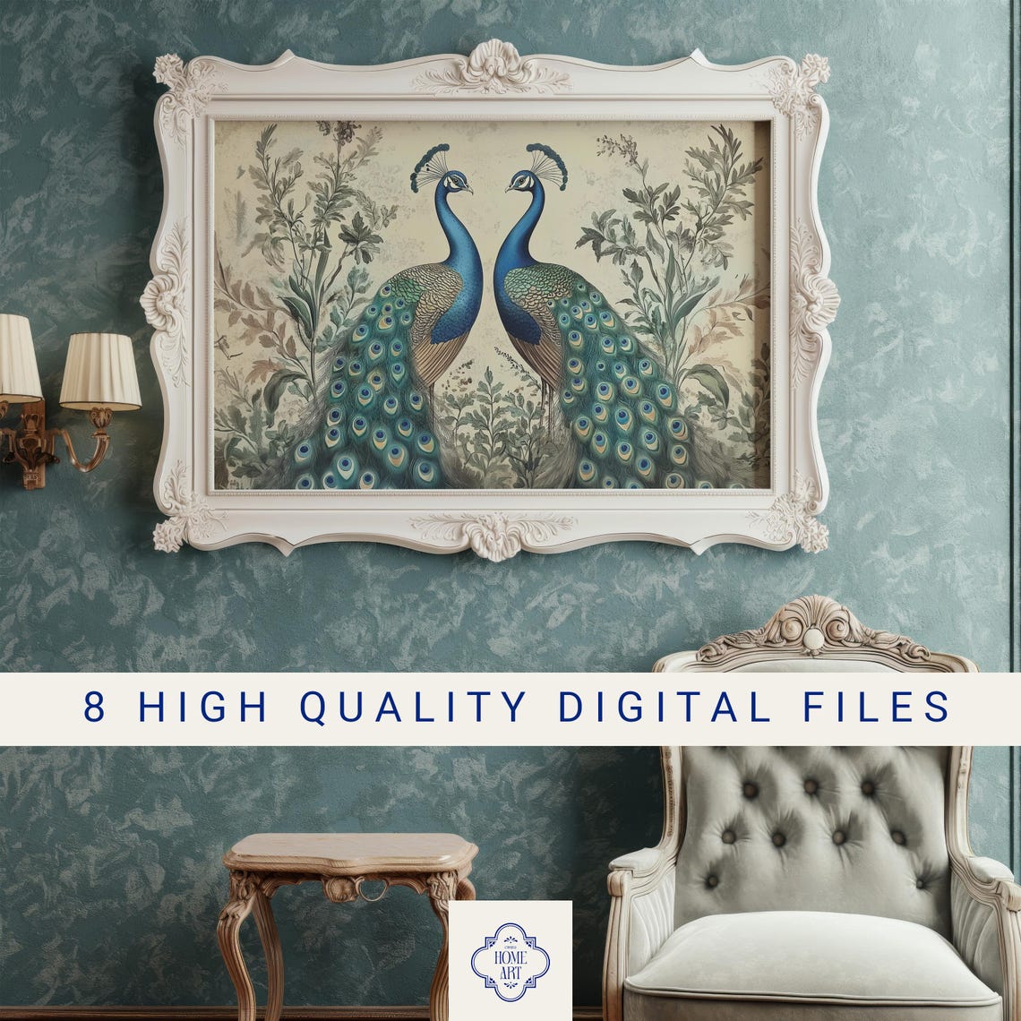 Two Peacocks Facing Vintage Botanical Bird Illustration Wall Art - Image 3