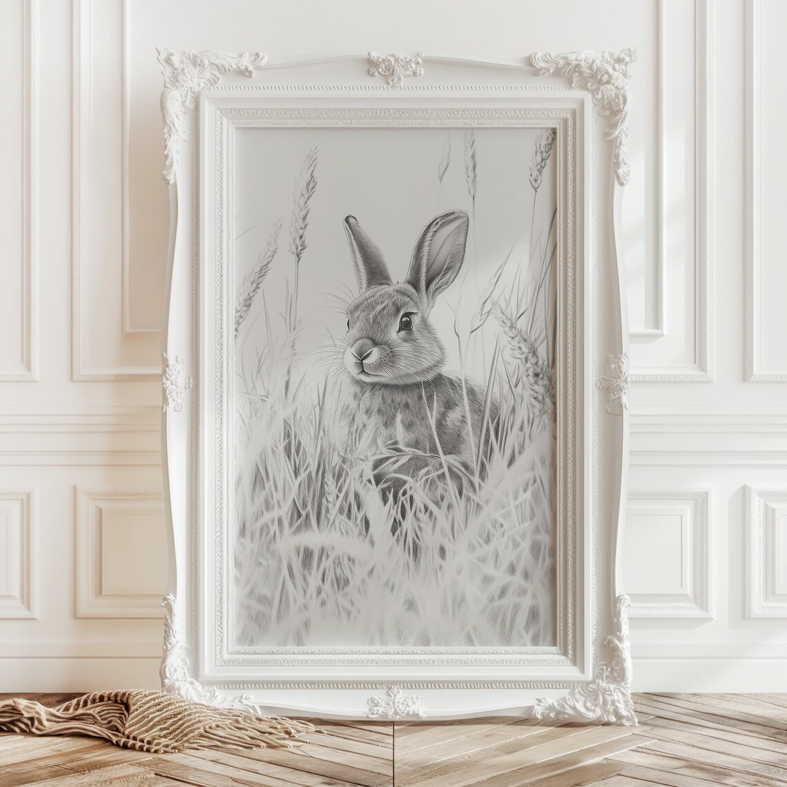 Rabbit in Tall Grass Pencil Sketch Wildlife Drawing Art Print