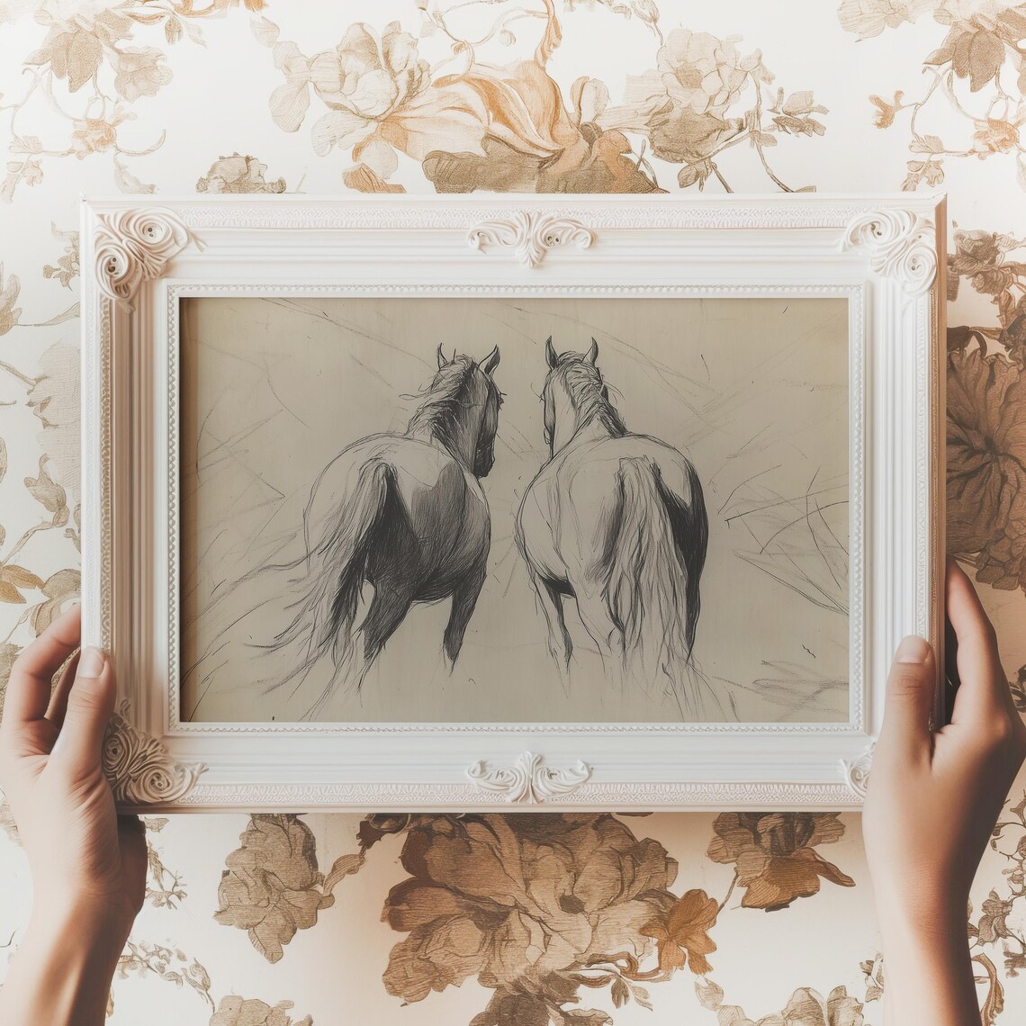 Two Horses Sketch Vintage Equestrian Charcoal Style Wall Art