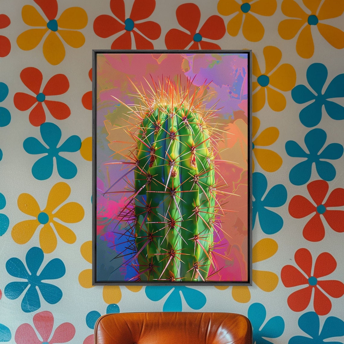 Green Cactus With Orange Spines Vibrant Desert Pop Art Poster - Image 3