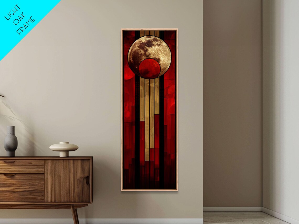 Geometric Sun Moon Celestial Art Red Beige Modern Tall Print - Image 3