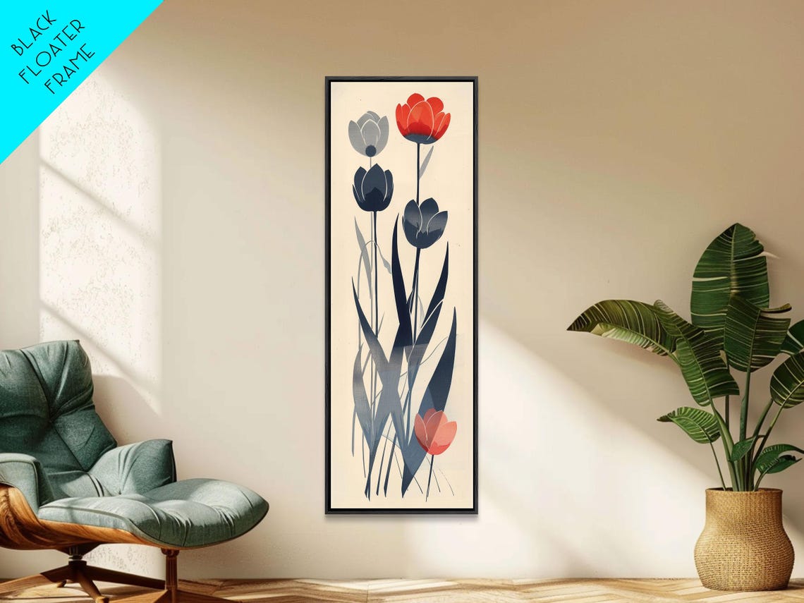Minimalist Red Black And Gray Tulips On Beige Graphic Art Poster - Image 3