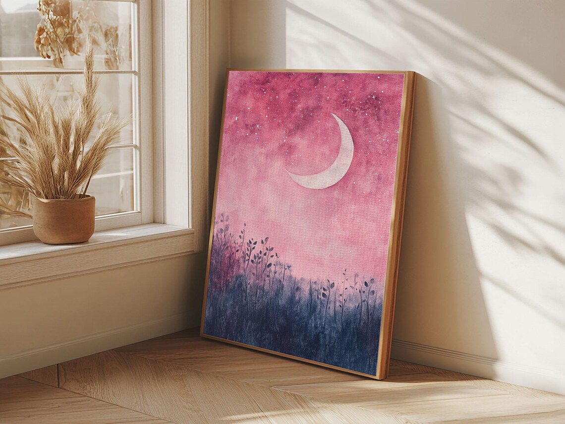Crescent Moon Over Pink Starry Night Meadow Watercolor Wall Art - Image 3