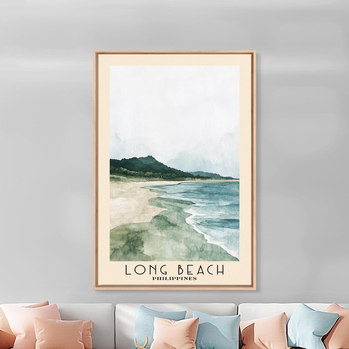Long Beach Philippines Watercolor Green Hills Sandy Shore Travel Poster - Image 3