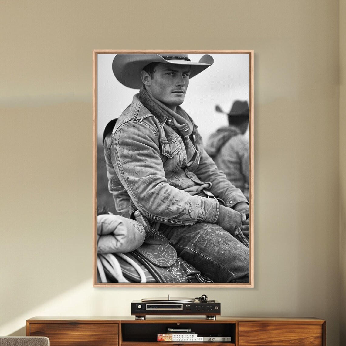 Young Cowboy Denim Jacket Black and White Western Portrait Art Poster - Image 4