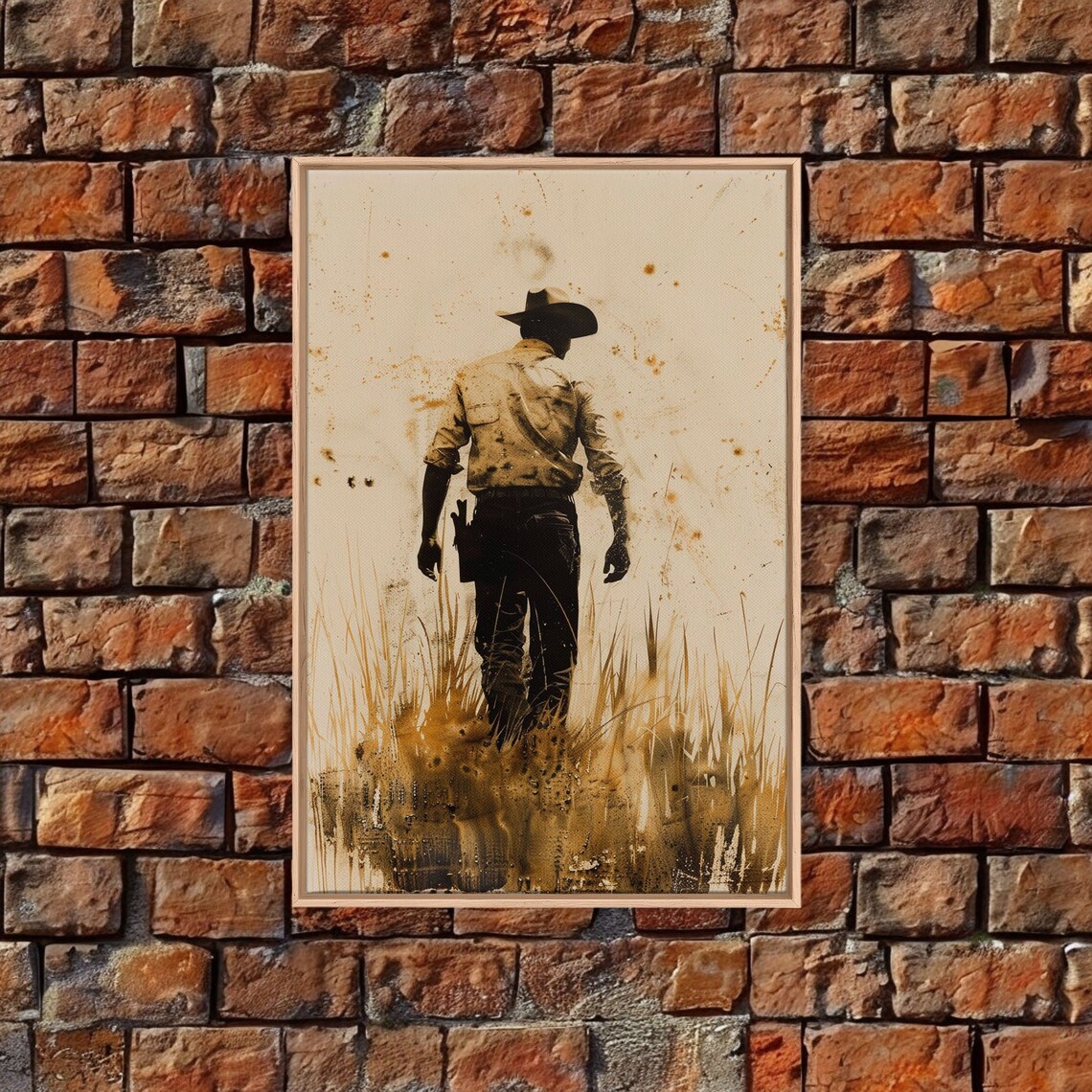 Cowboy Walking Through Field In Sepia Vintage Style Western Art Poster - Image 2