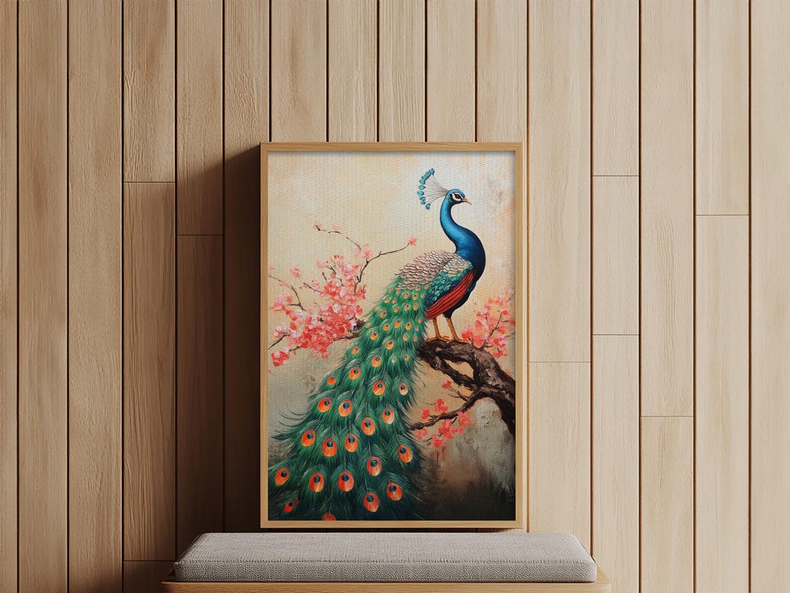Peacock On Cherry Blossom Branch Chinoiserie Elegant Oriental Print - Image 3