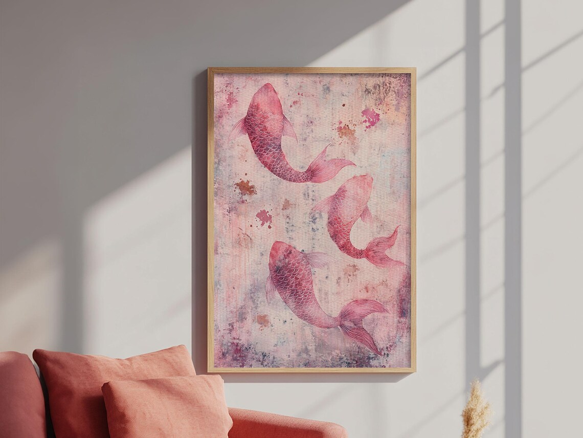 Three Pink Koi Fish Watercolor Artistic Japanese Style Wall Art Print - Image 2
