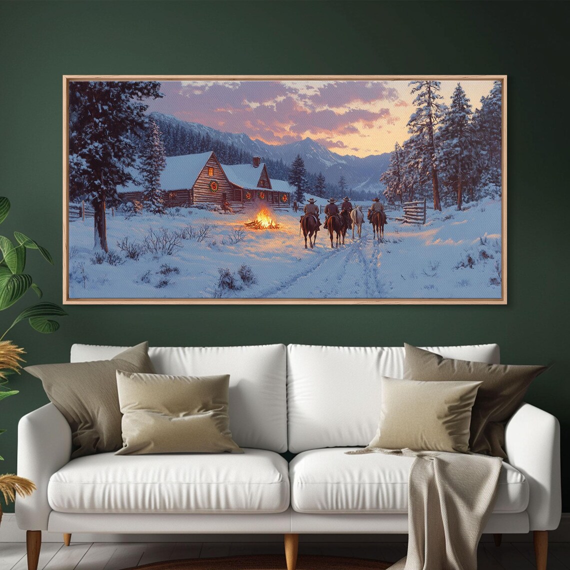 Cowboys Riding Home Snowy Cabin Sunset Campfire Western Wall Art
