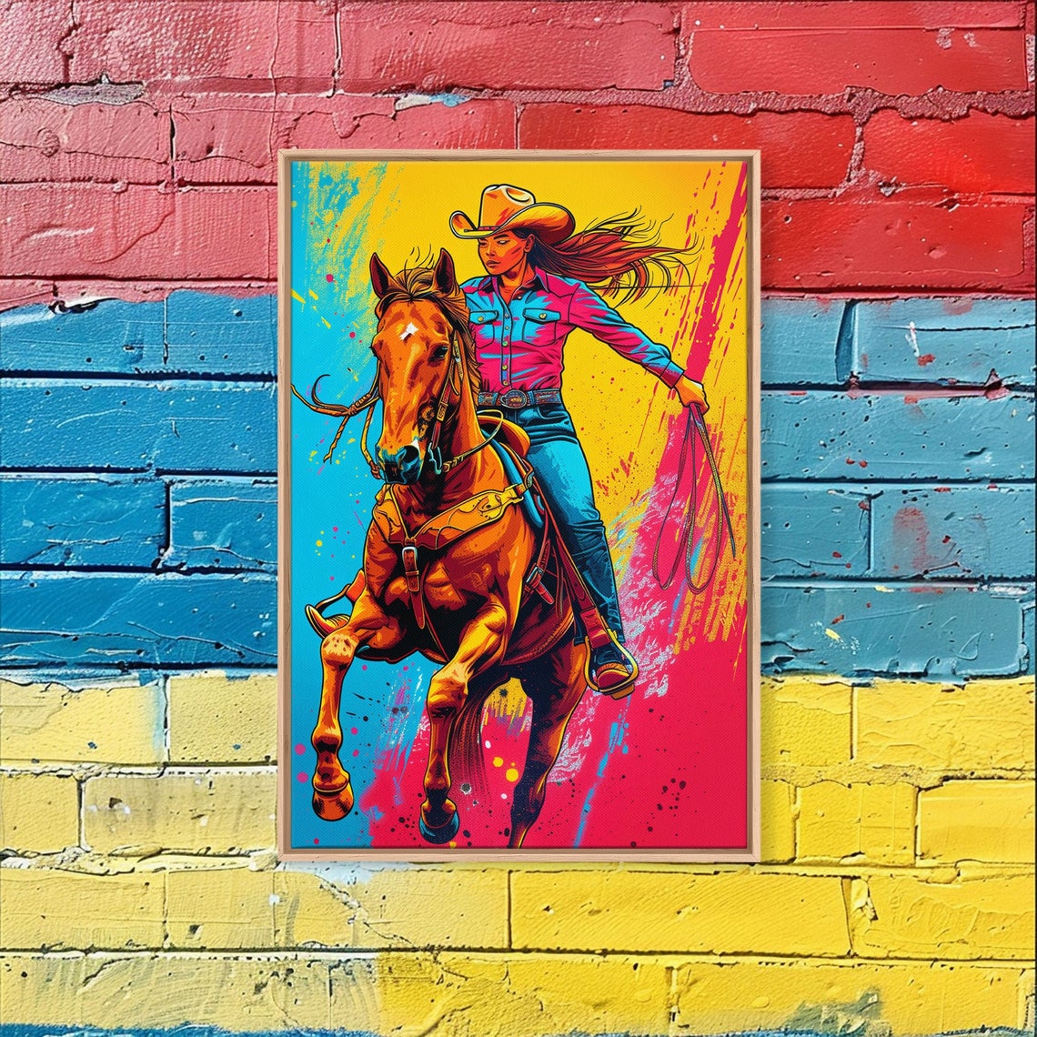 Bold Pop Art Cowgirl Riding Horse With Bright Colors Framed Print Equestrian Decor Cowgirl Art For Bedroom Living Room Wall Art - Image 3