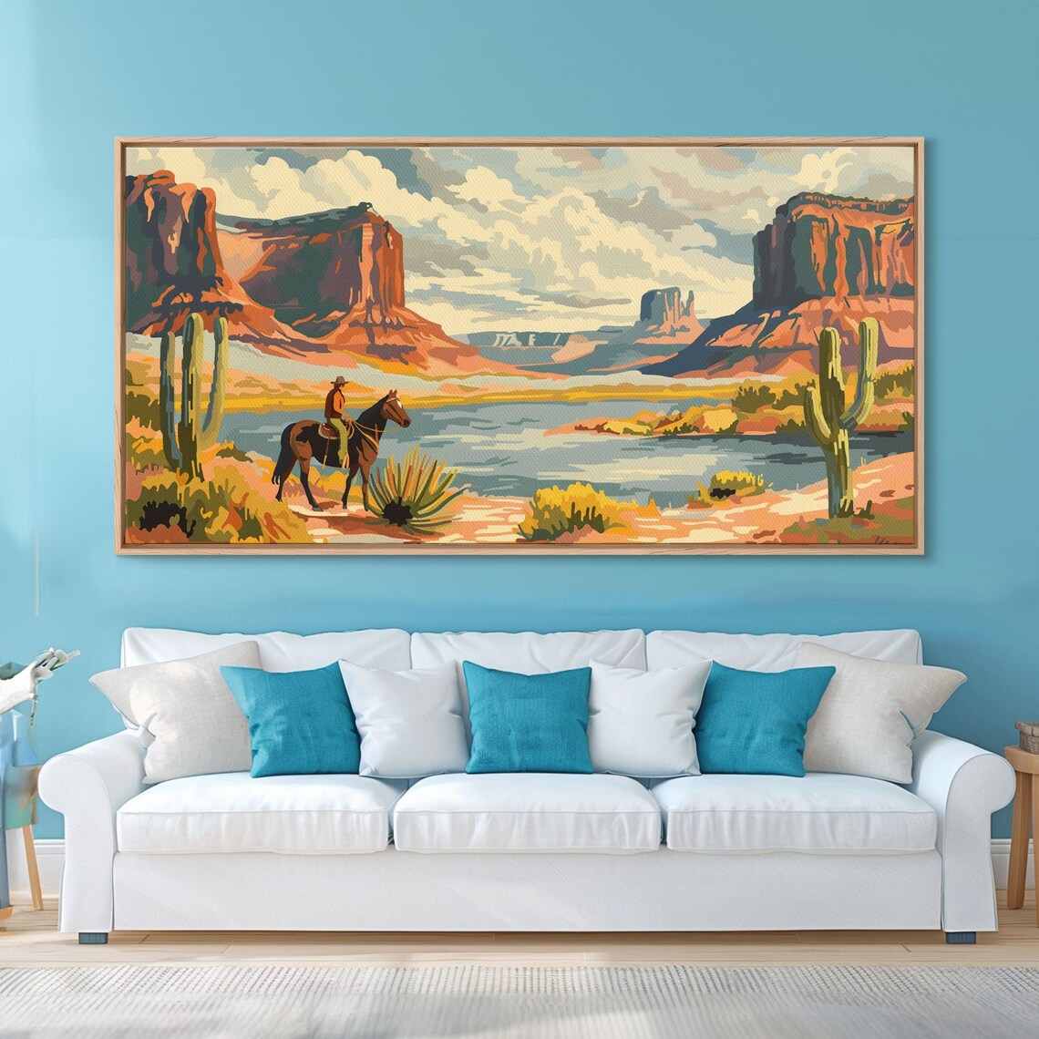 Cowboy In Monument Valley Style Desert River Mesas Vintage Art Poster - Image 2